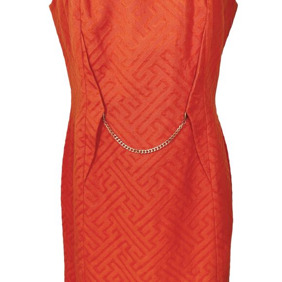 Taylor orange sheath dress with gold waist chain ladies size 8 geometric brocade - Picture 2 of 10